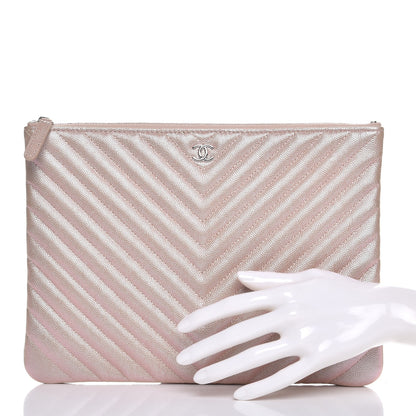 Chanel Iridescent Caviar Chevron Quilted Medium Cosmetic Case Light Gold 2 of 8