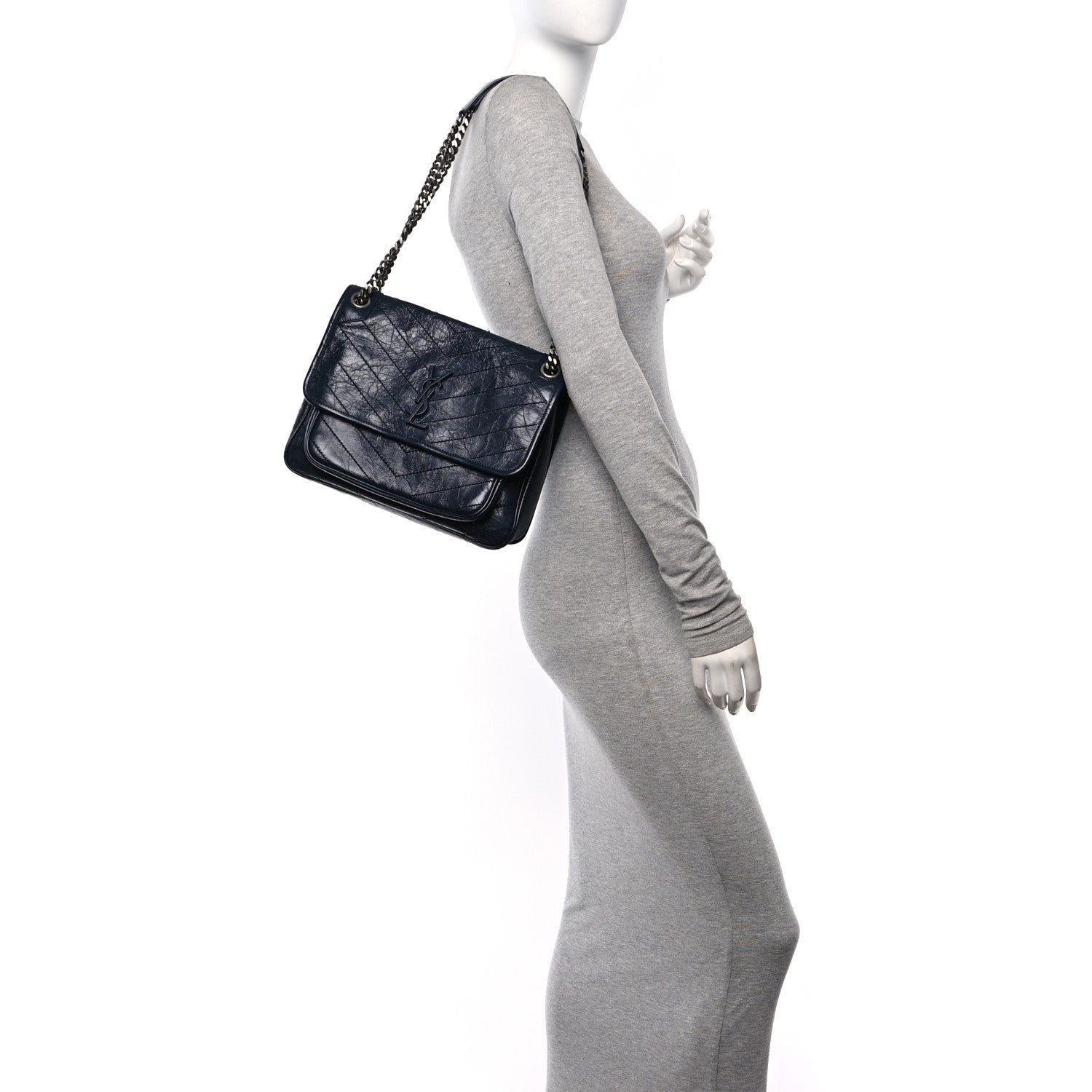 Saint Laurent Crinkled Calfskin Matelasse Monogram Medium Niki Chain Satchel Deep Marine 2 of 10