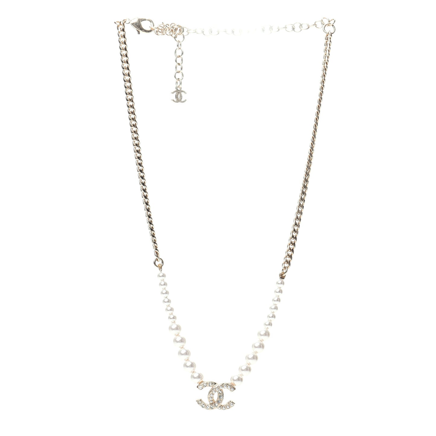 Pearl Crystal Chain CC Necklace Gold