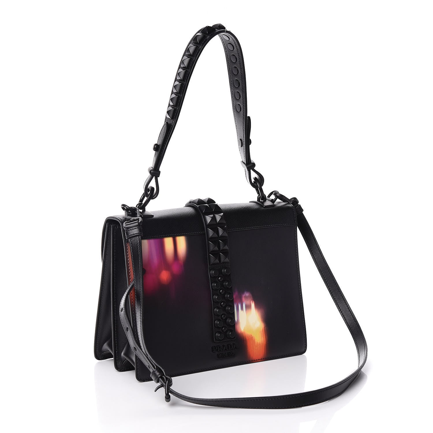 Prada Saffiano City Lights Print Studded Elektra Shoulder Bag Black Fuxia 4 of 9