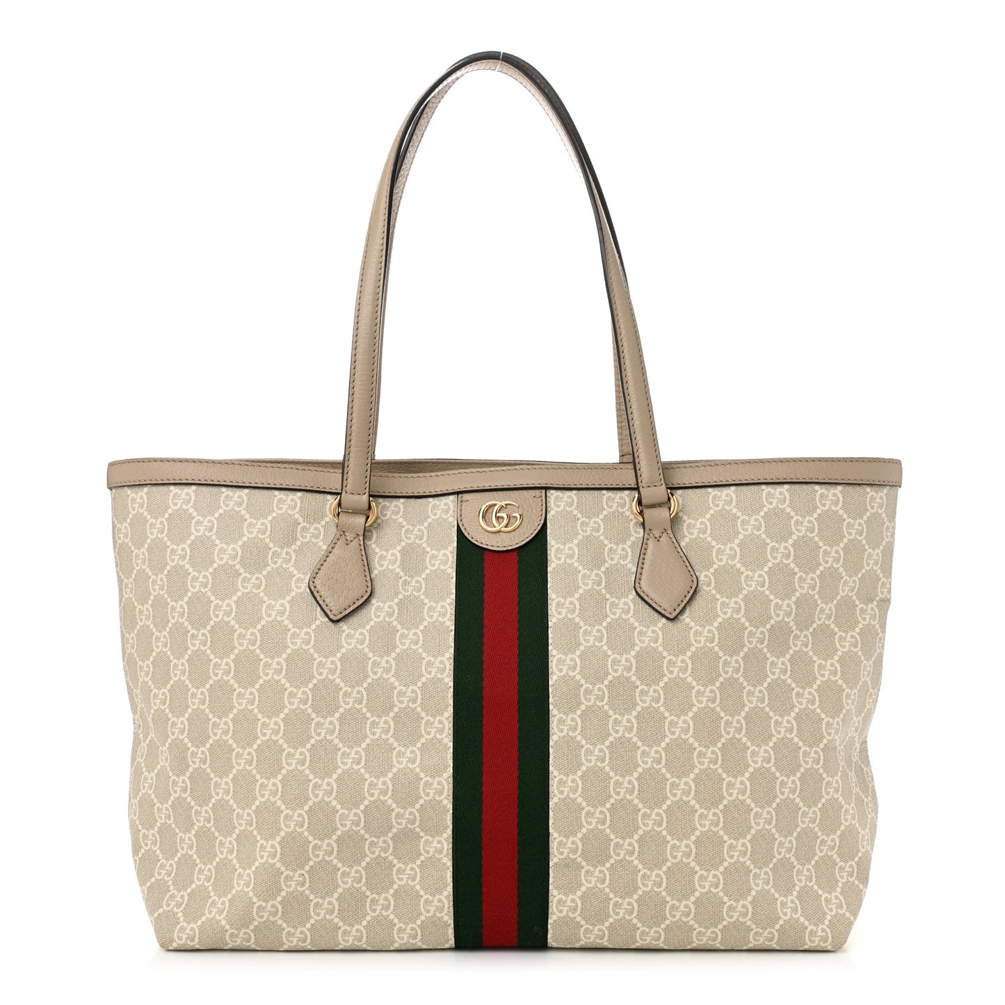 GG Supreme Monogram Textured Dollar Calfskin Web Medium Ophidia Shopping Tote Beige Mystic White Oatmeal