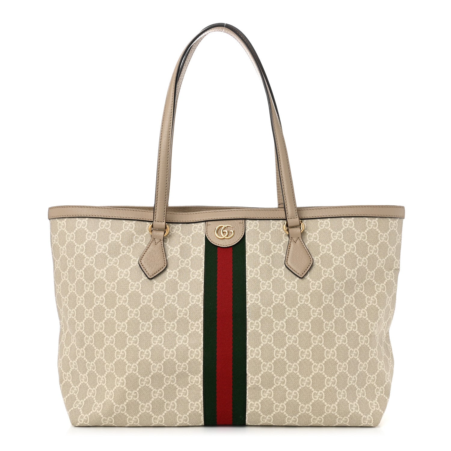 Gucci GG Supreme Monogram Textured Dollar Calfskin Web Medium Ophidia Shopping Tote Beige Mystic White Oatmeal 1 of 11