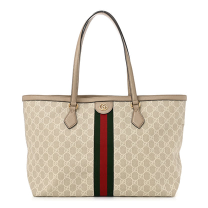 Gucci GG Supreme Monogram Textured Dollar Calfskin Web Medium Ophidia Shopping Tote Beige Mystic White Oatmeal 1 of 11