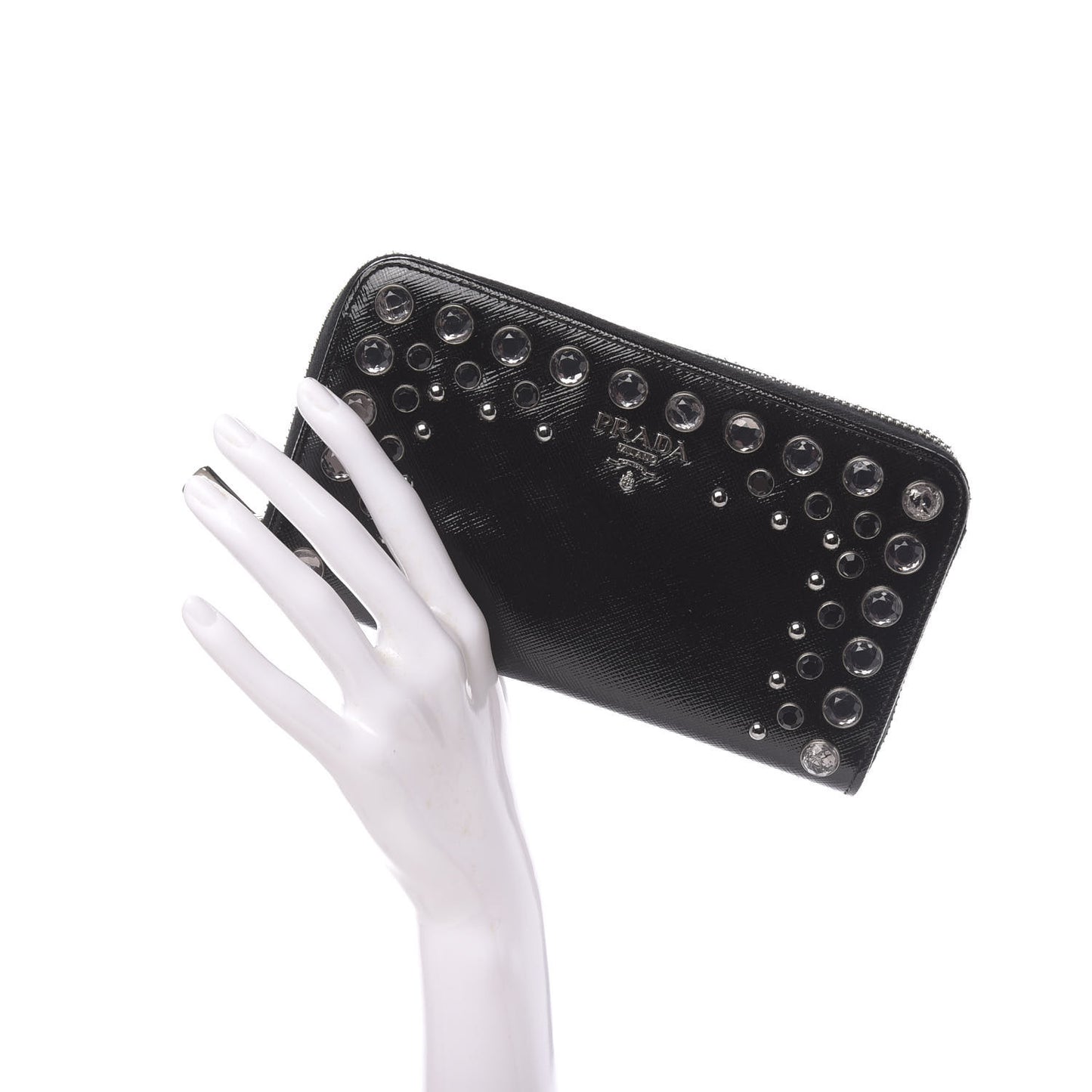 Saffiano Vernice Crystal Studded Zip Around Wallet Black