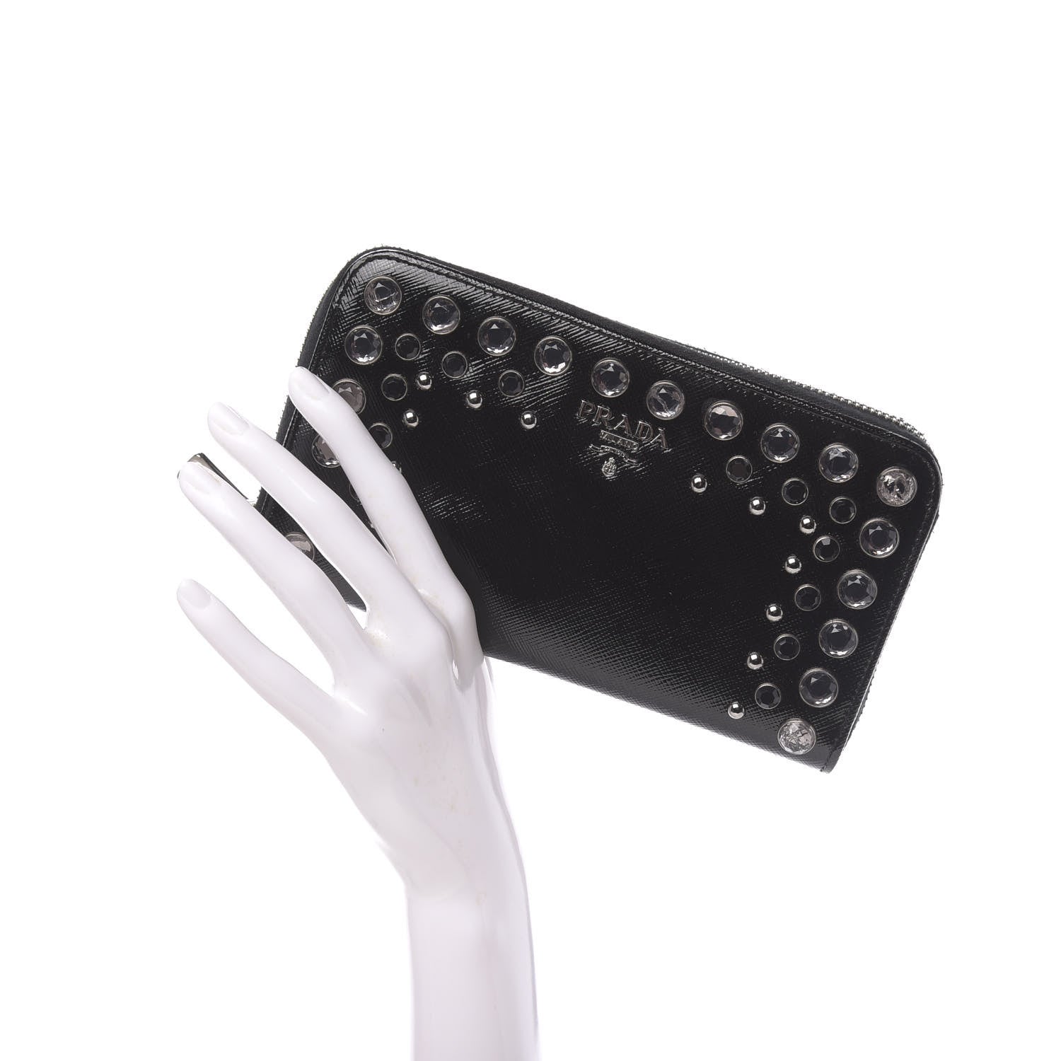 Prada Saffiano Vernice Crystal Studded Zip Around Wallet Black 2 of 6