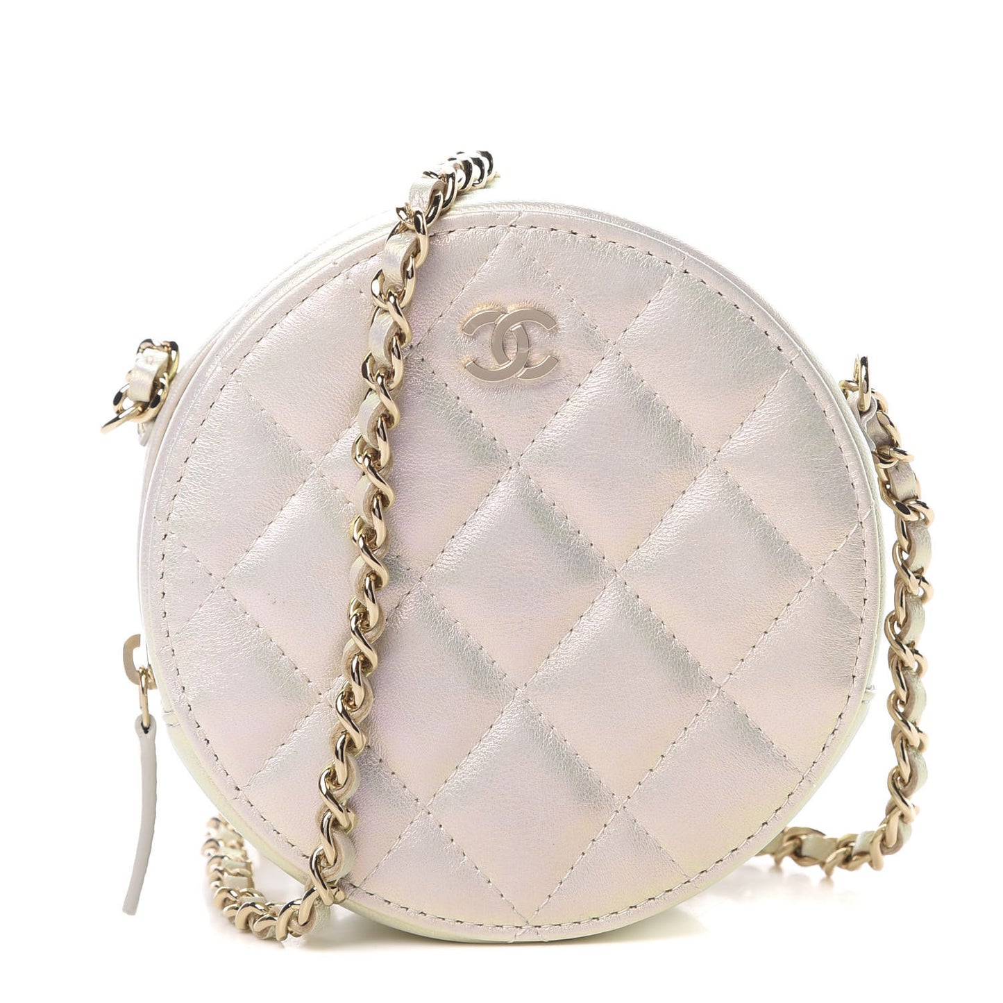 Iridescent Lambskin Quilted Round Clutch With Chain Ivory