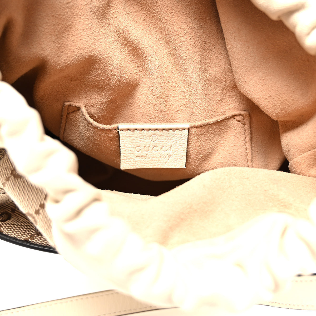 Gucci Monogram Textured Calfskin Horsebit 1955 Drawstring Bucket Bag Beige Mystic White 6 of 10