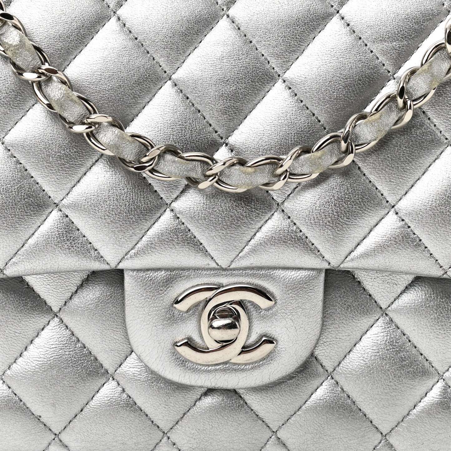 Metallic Lambskin Quilted Medium Double Flap Silver