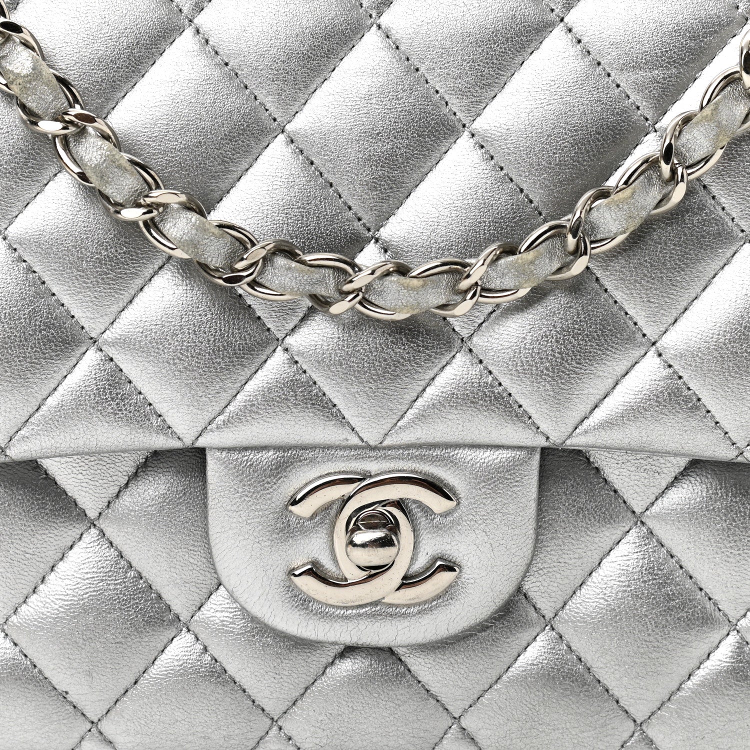 Chanel Metallic Lambskin Quilted Medium Double Flap Silver 10 of 16