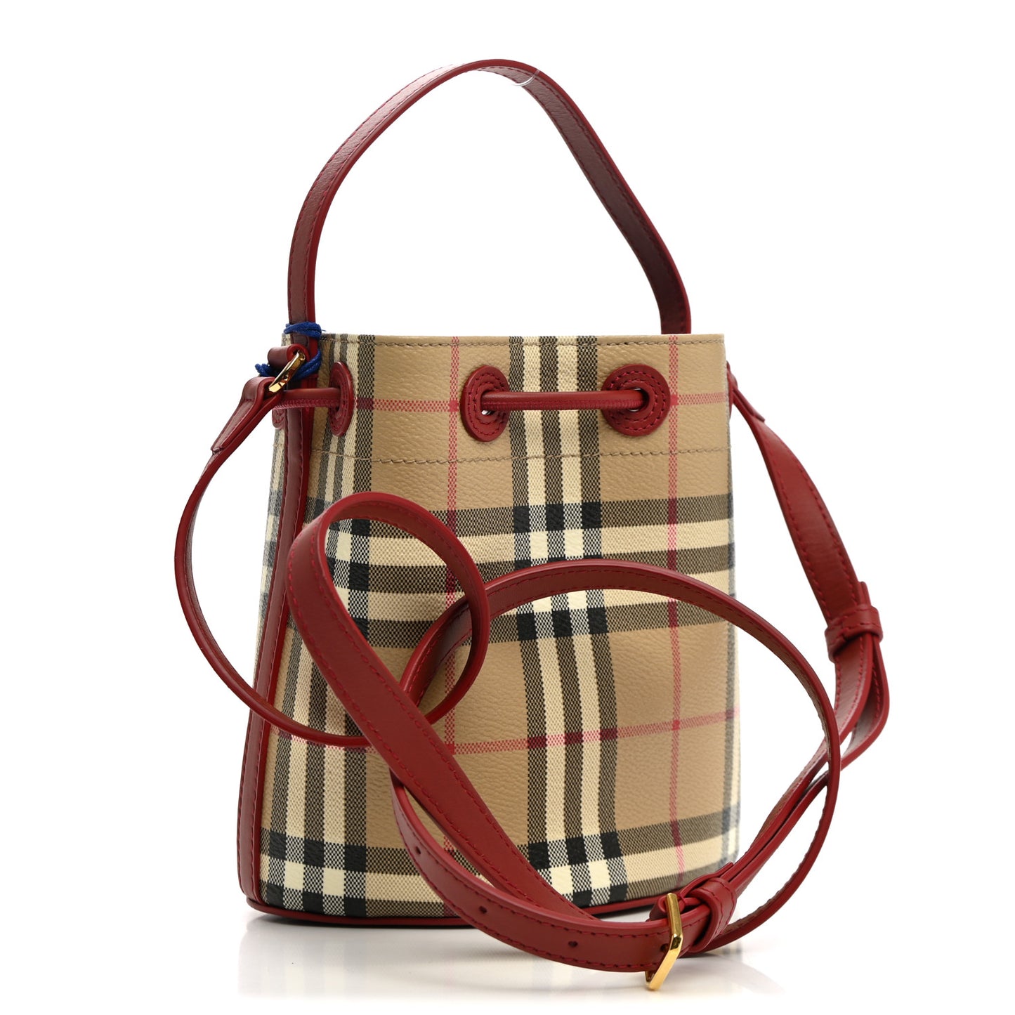 E-Canvas Vintage Check Mini Drawstring Bucket Bag Archive Beige Ruby Red