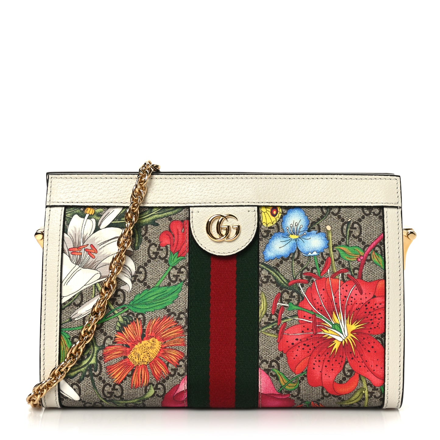GG Supreme Monogram Flora Web Small Ophidia Chain Shoulder Bag White