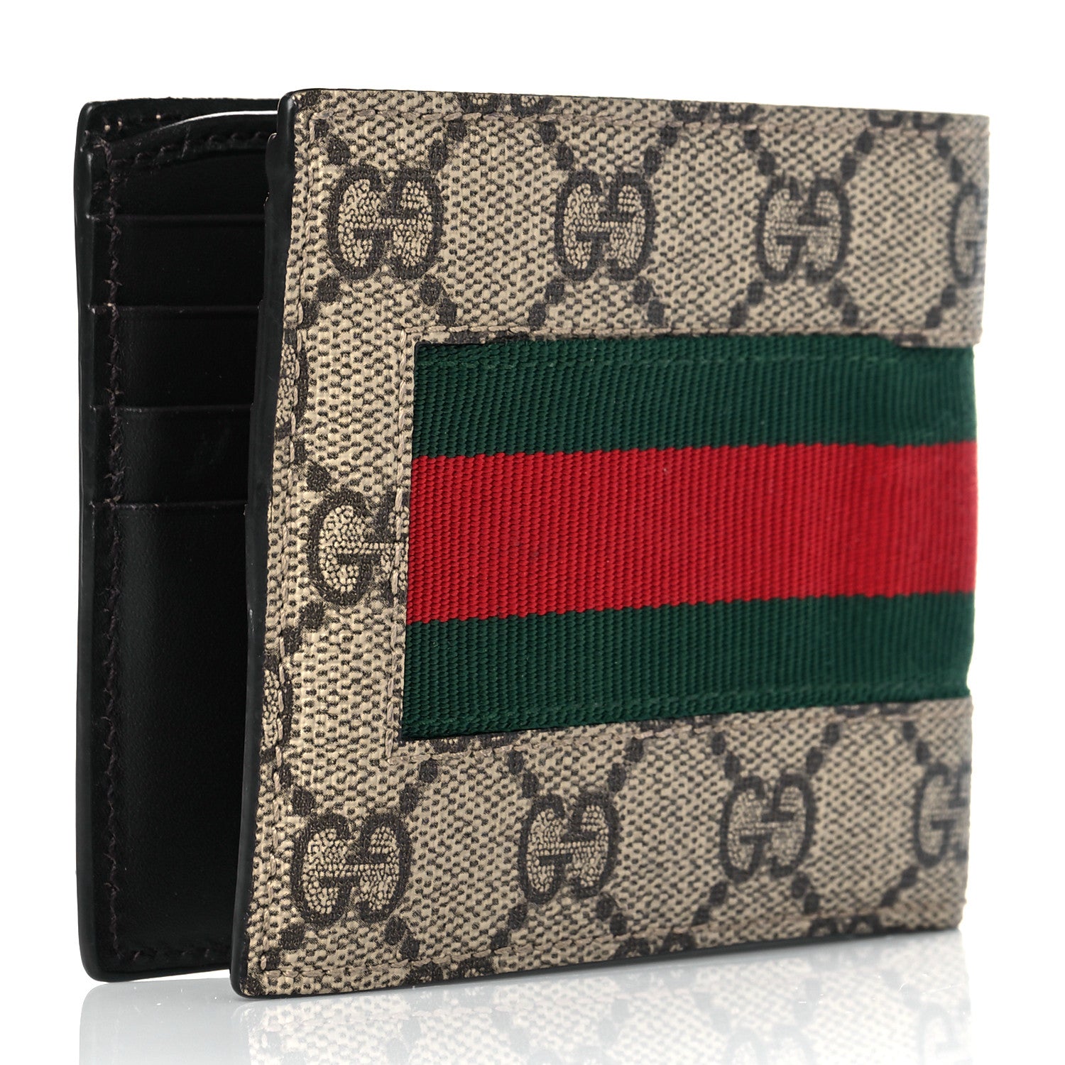 Gucci GG Supreme Monogram Selleria Calfskin Web Bee Embroidered New Web Bi-Fold Wallet Beige Ebony Cocoa 3 of 10
