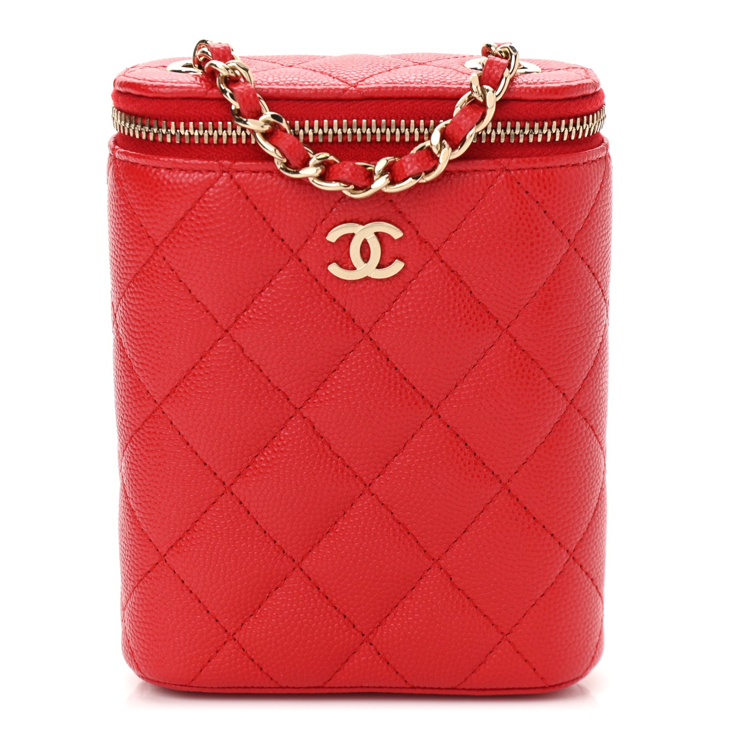 Caviar Quilted Small Vertical Coco Beauty Vanity Case With Chain Red