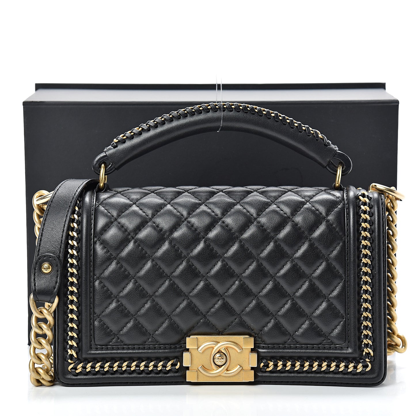 Calfskin Quilted Medium Boy Top Handle Flap Black