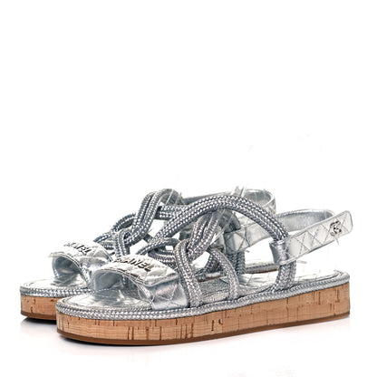 Chanel Metallic Cord Lambskin Quilted Logo Sandals 40 Silver 3 of 7
