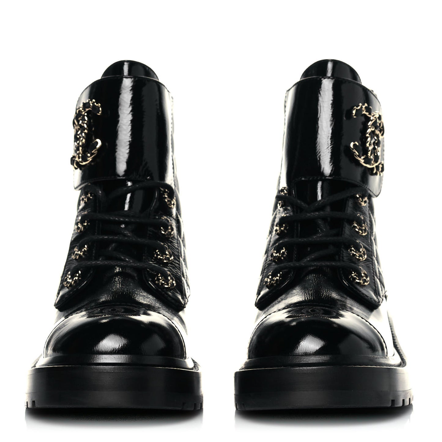 Shiny Calfskin Quilted Lace Up Combat Boots 37 Black