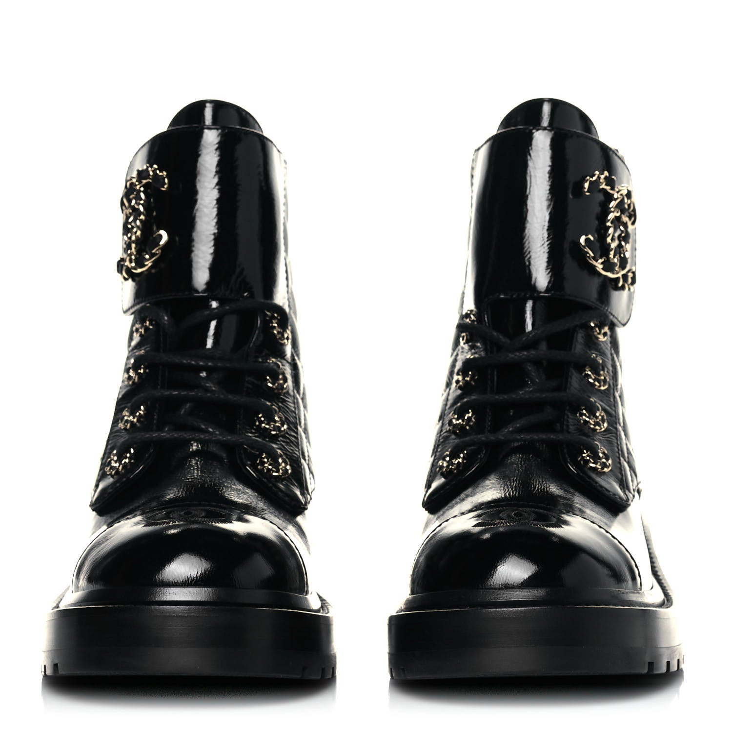 Chanel Shiny Calfskin Quilted Lace Up Combat Boots 37 Black 2 of 7