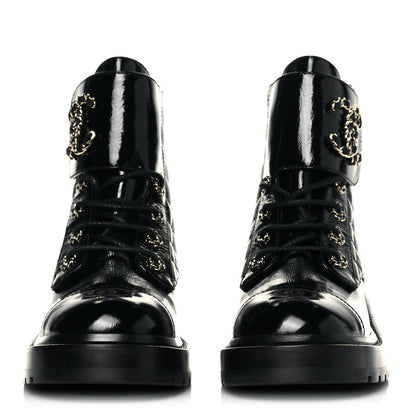 Chanel Shiny Calfskin Quilted Lace Up Combat Boots 37 Black 2 of 7