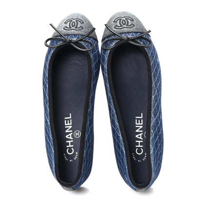 Chanel Denim Printed Quilt CC Cap Toe Ballerina Flats 37 Navy Blue Dark Grey 2 of 10