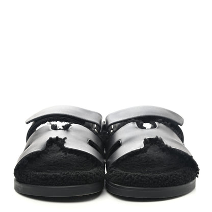 Hermes Calfskin Woolskin Mens Chypre Sandals 43 Black 2 of 8