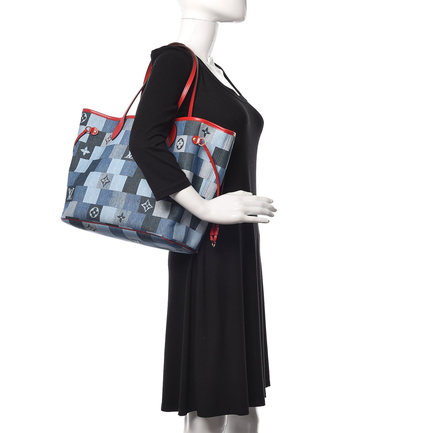 Denim Damier Monogram Patchwork Neverfull Blue Rouge