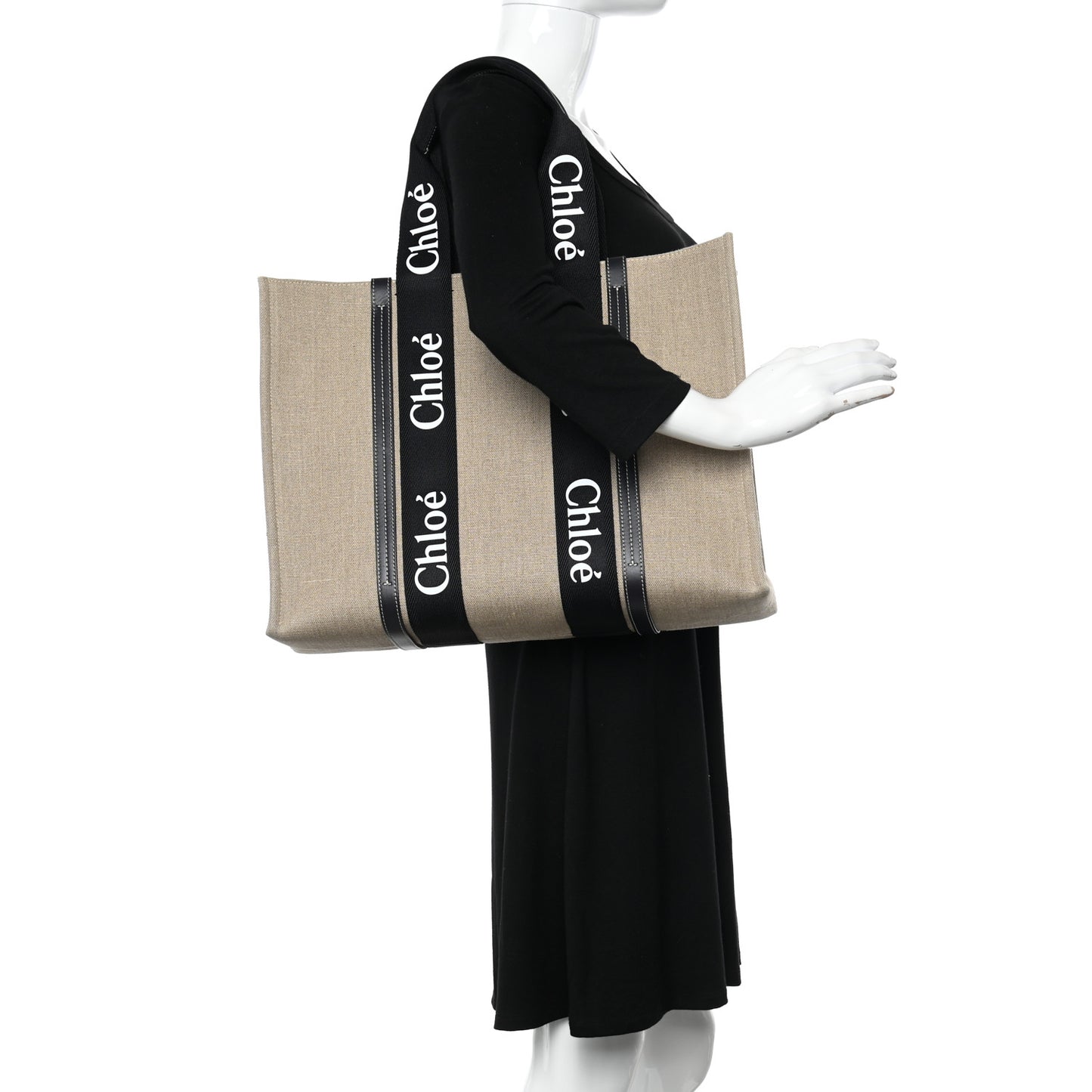 Linen Calfskin Large Woody Ribbon Tote Black Blue