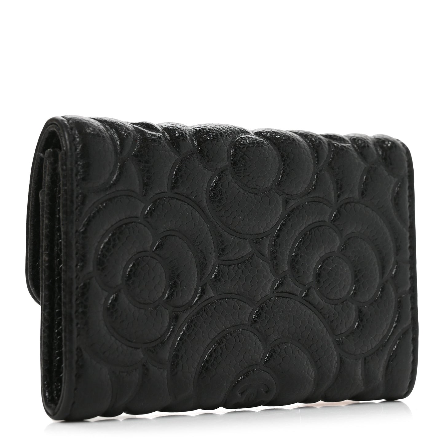 Caviar Camellia Embossed Card Holder Wallet Black