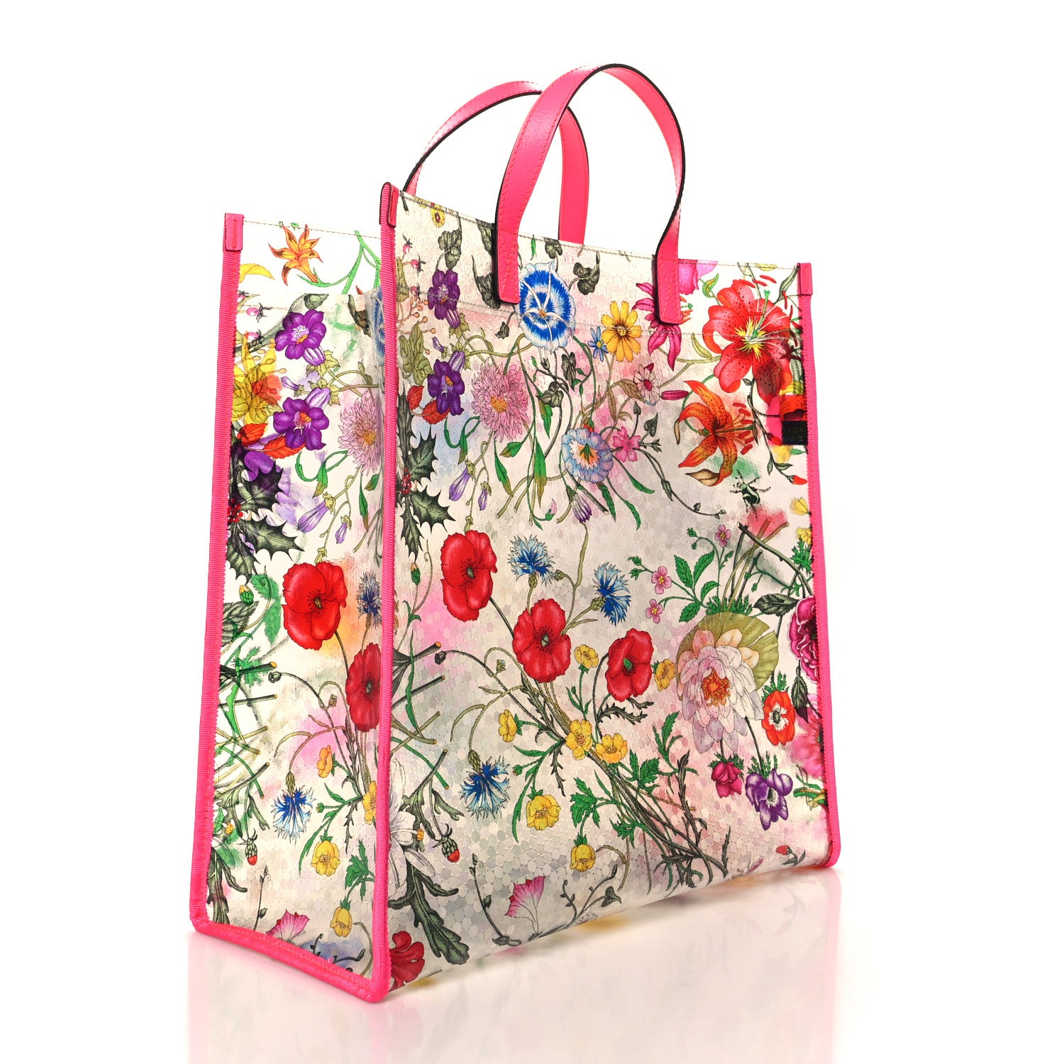 Gucci Calfskin Textured Vinyl Print Flora Tote Fluorescent Fuchsia 3 of 12