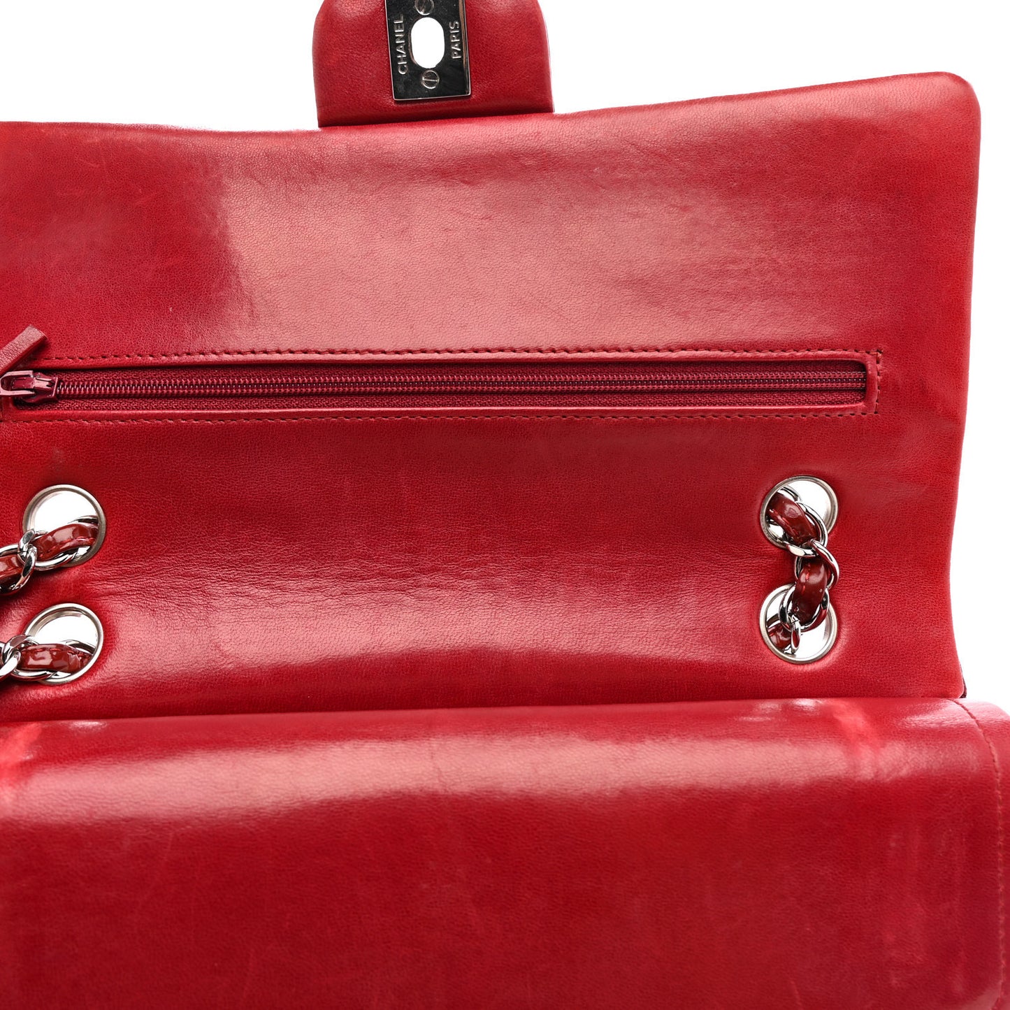 Patent Calfskin Quilted Medium Double Flap Dark Red