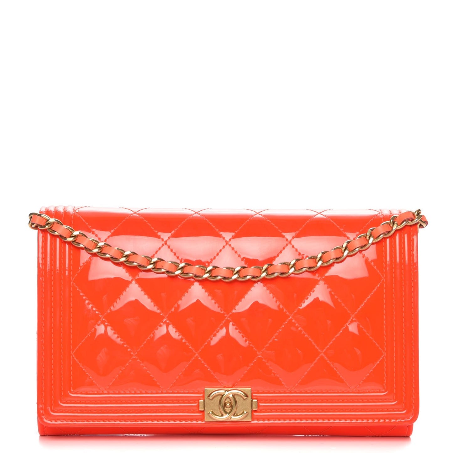 Patent Calfskin Quilted Boy Wallet on Removable Chain Orange