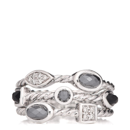 David Yurman Sterling Silver Diamond Black Onyx Hematine Confetti 3 Row Ring 50 5.5 1 of 5