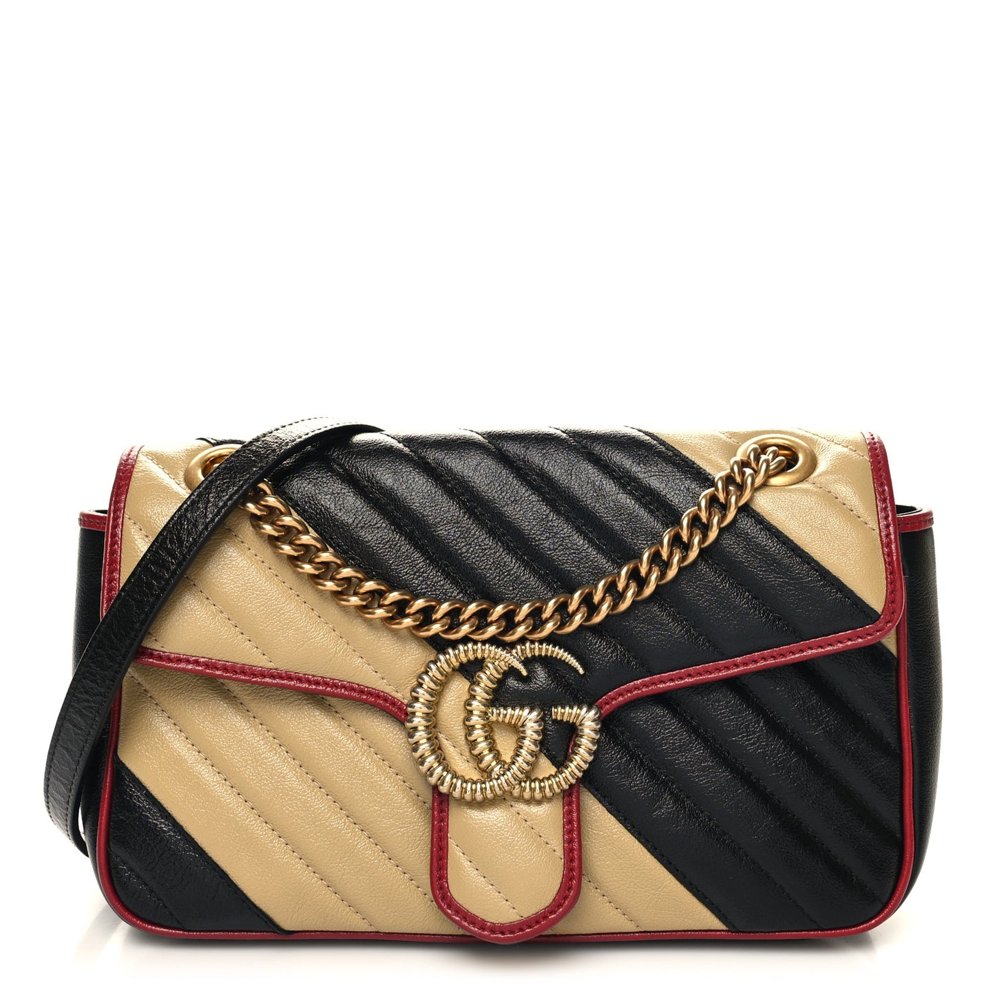 Vintage Effect Calfskin Matelasse Diagonal Striped Small Torchon GG Marmont Shoulder Bag Black Beige