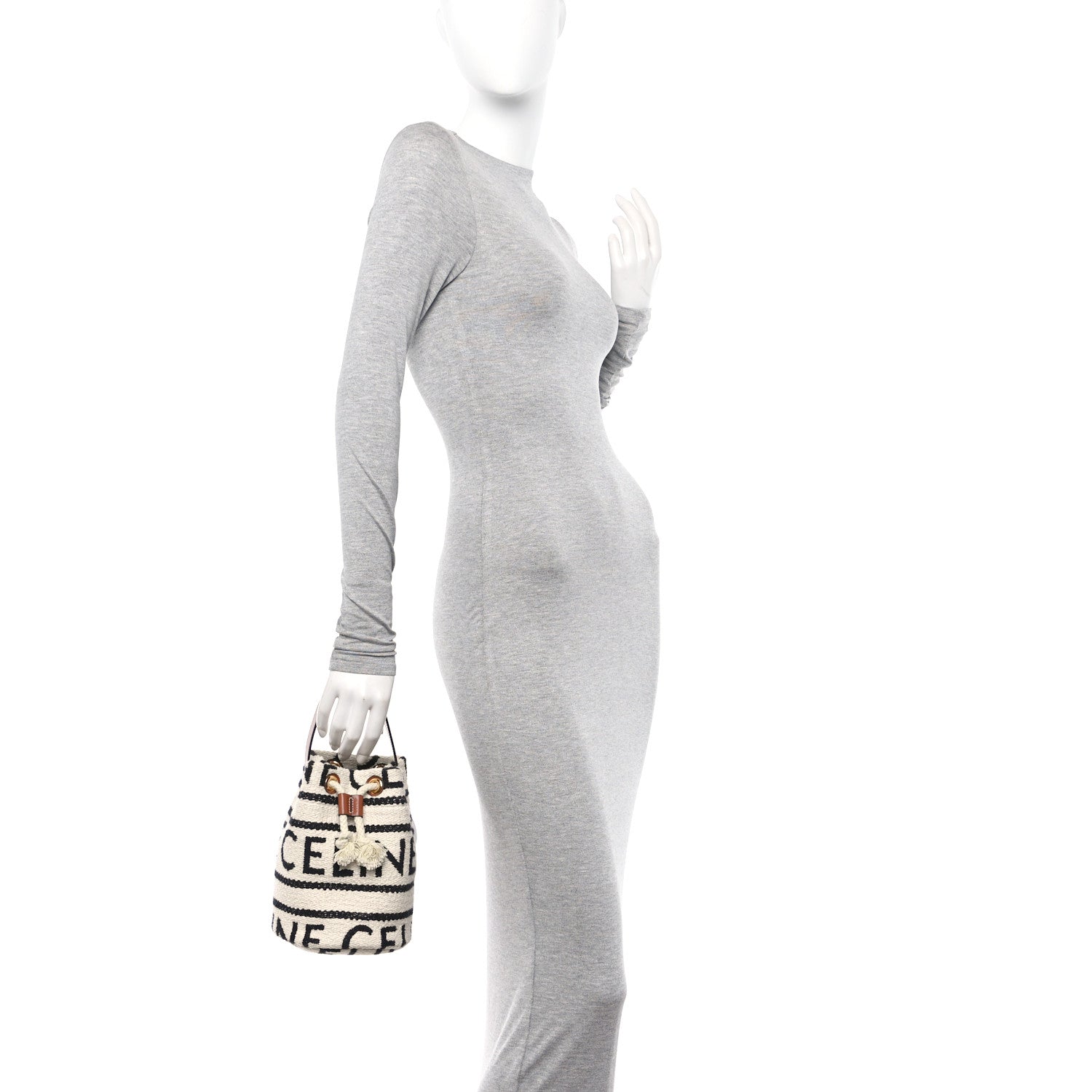 Celine All Over Textile Calfskin Striped Teen Drawstring Bag White Black 2 of 10
