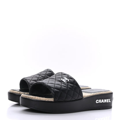 Chanel Lambskin Quilted CC Espadrille Slip On Sandals 40 Black 3 of 9