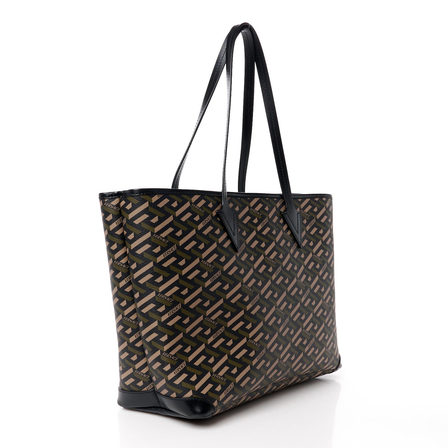 Coated Canvas Calfskin La Greca Smile Signature Shopper Black Khaki