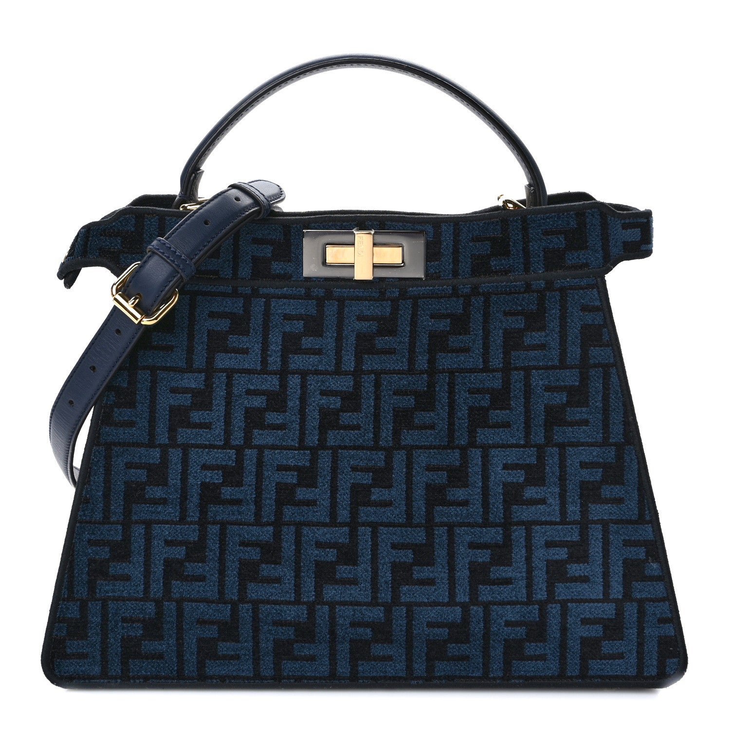 Fendi Chenille Vitello Seta FF Medium Peekaboo I SEE U Satchel Blue Black 1 of 12