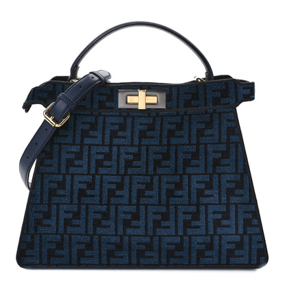 Fendi Chenille Vitello Seta FF Medium Peekaboo I SEE U Satchel Blue Black 1 of 12