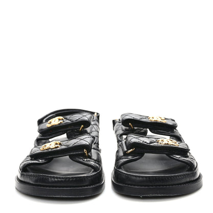 Chanel Crumpled Shiny Lambskin Velcro Dad Sandals 38 Black 2 of 8