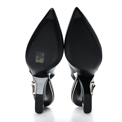 Prada Patent Calfskin Logo Pointed Toe Slingback Wedges 39.5 Black 6 of 7