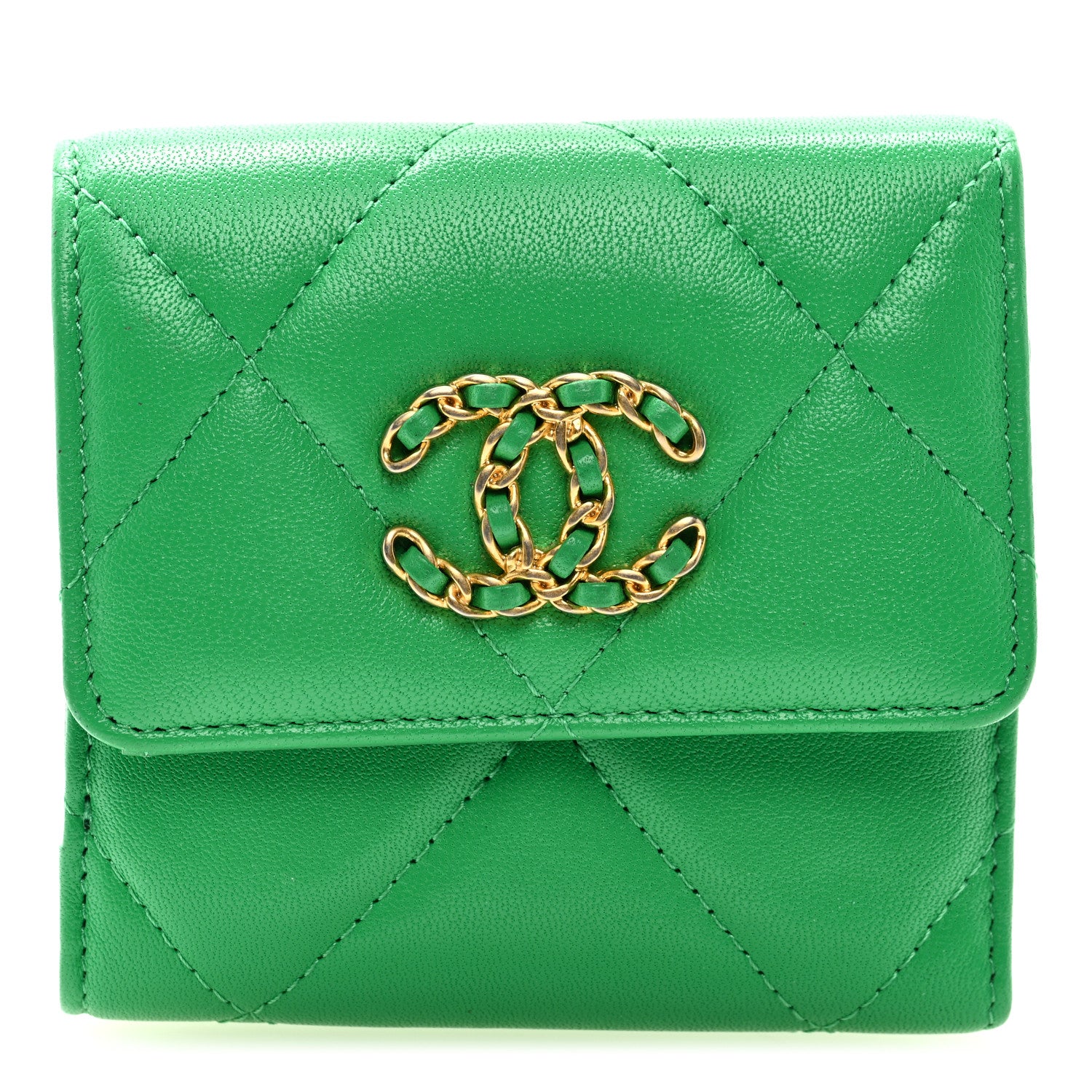 Chanel Goatskin Quilted Chanel 19 Small Flap Wallet Green 1 of 7