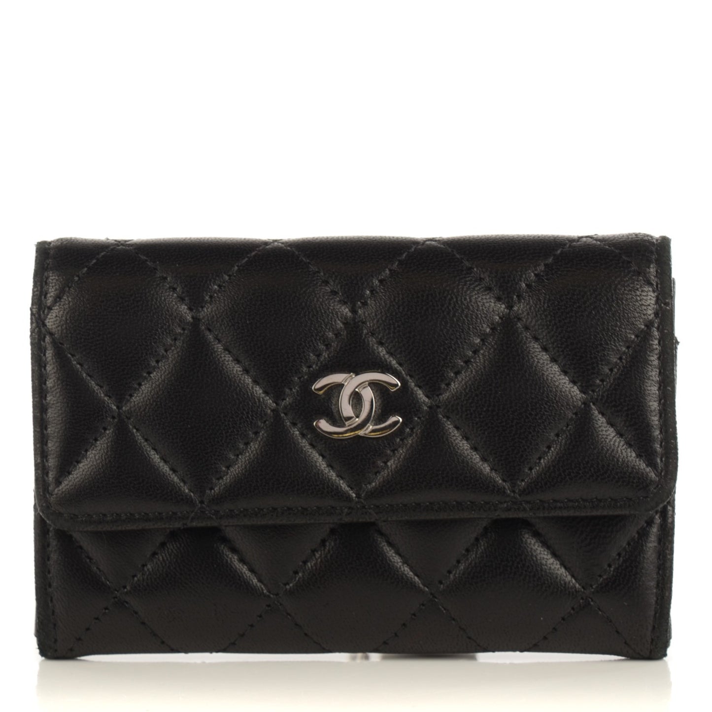 Lambskin Quilted Flap Card Holder Black