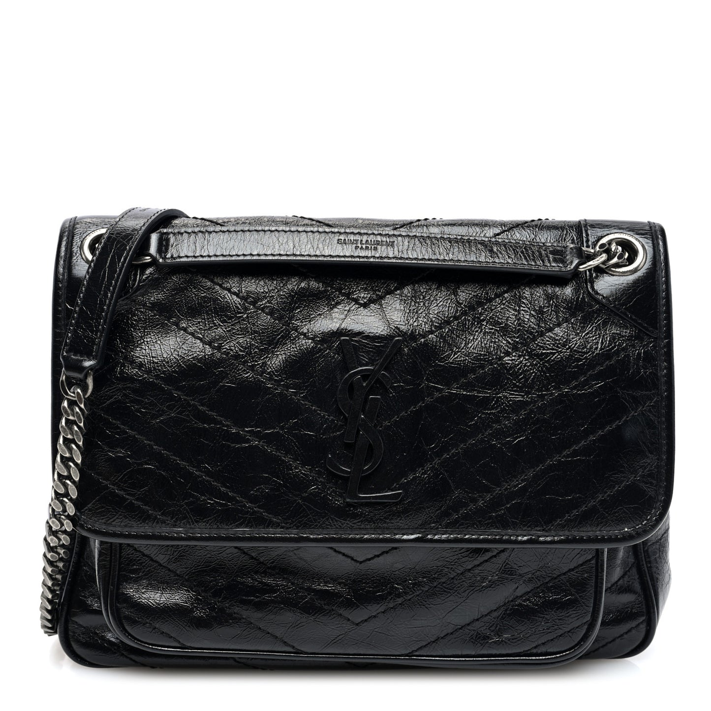 Crinkled Calfskin Matelasse Monogram Medium Niki Chain Satchel Black