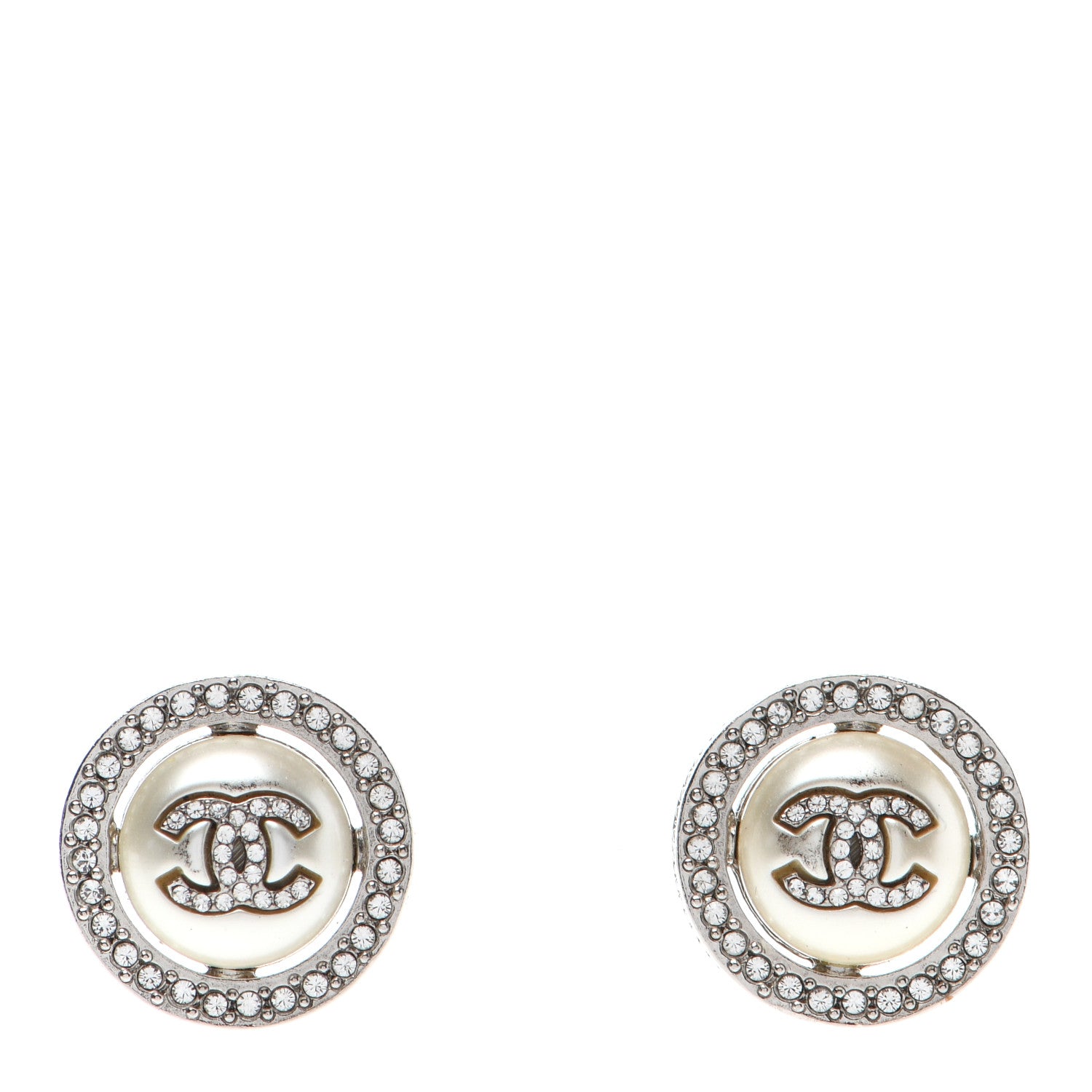 Chanel Pearl Crystal CC Round Earrings Silver 1 of 4
