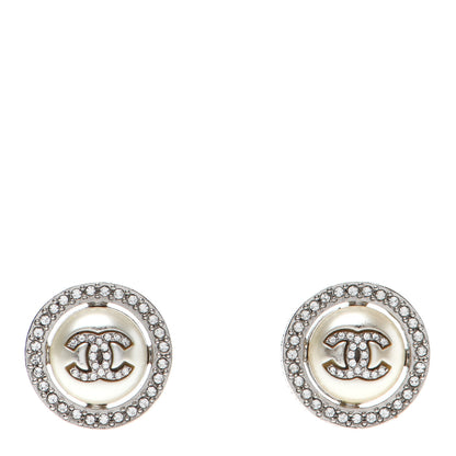 Chanel Pearl Crystal CC Round Earrings Silver 1 of 4