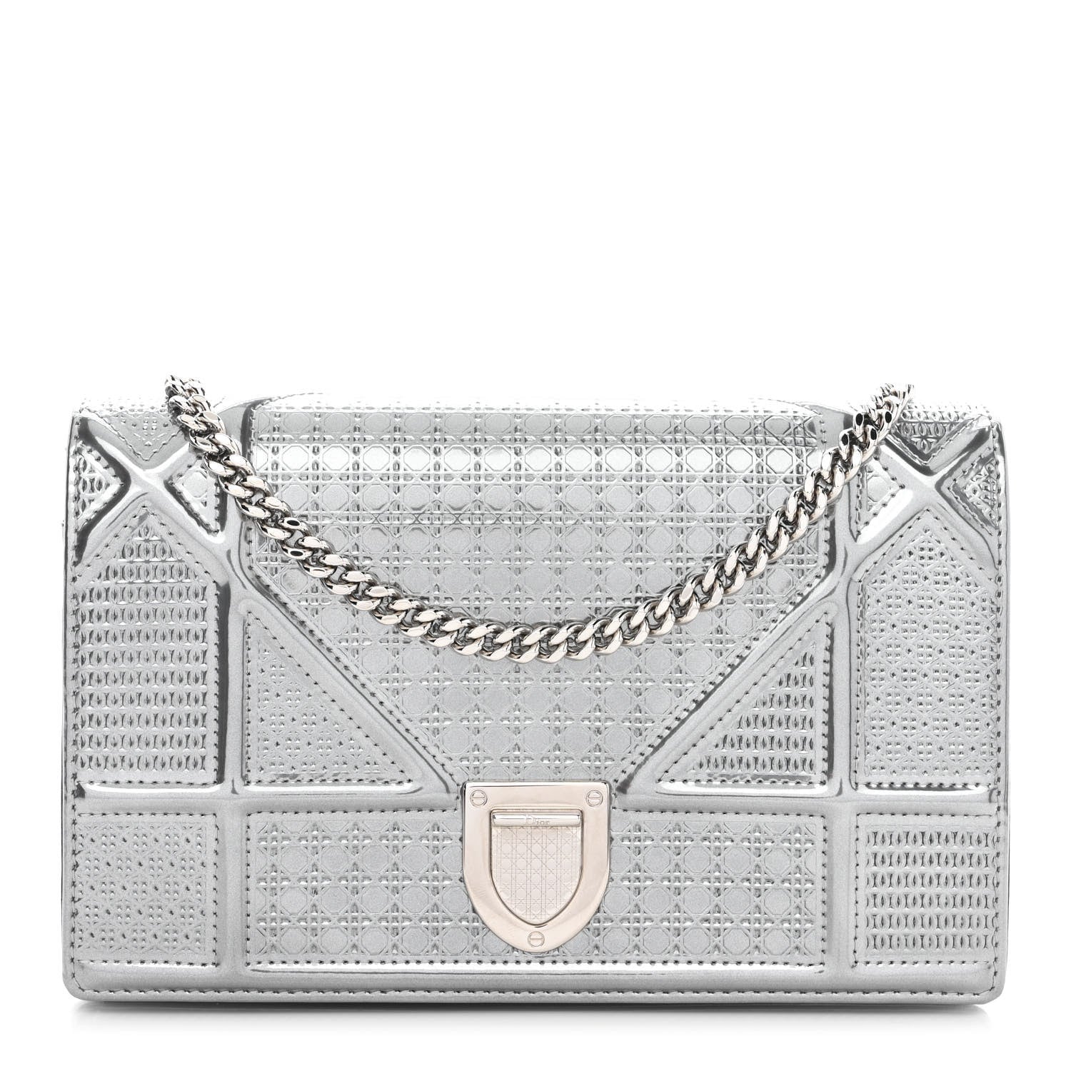 Christian Dior Metallic Patent Micro-Cannage Diorama Wallet on Chain Pouch Silver 1 of 12