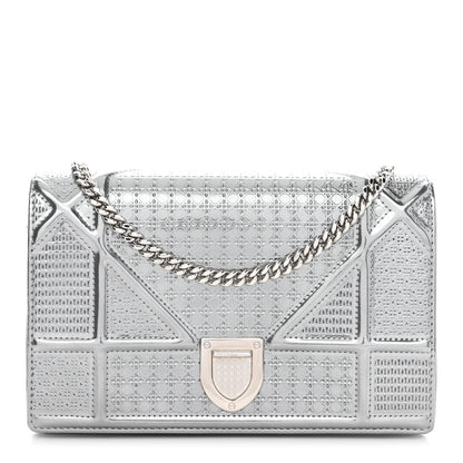 Christian Dior Metallic Patent Micro-Cannage Diorama Wallet on Chain Pouch Silver 1 of 12
