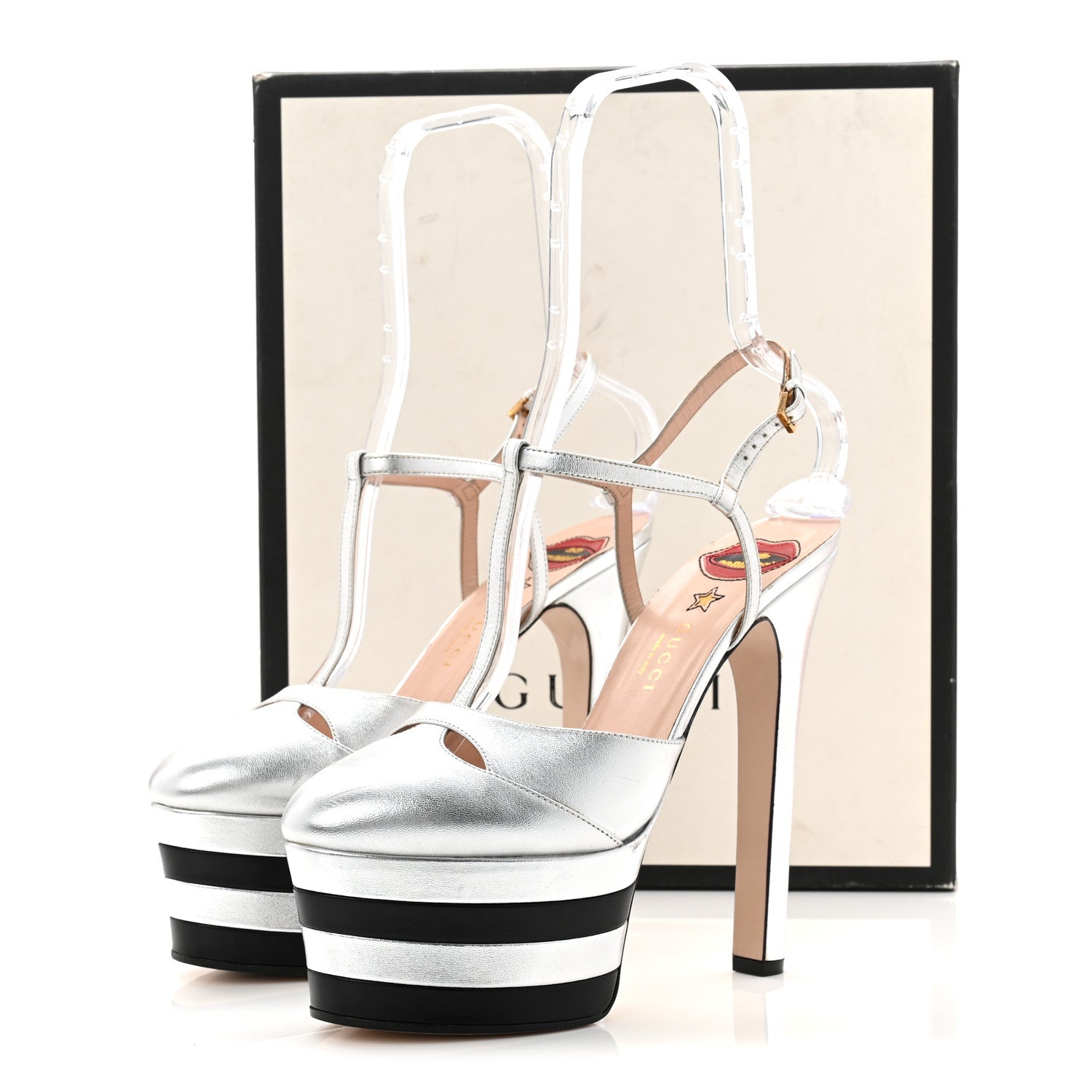 Gucci Metallic Nappa Silk Angel T-Strap Platform High Heel Pumps 40 Argento 11 of 11