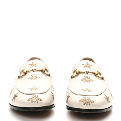 Gucci Goatskin Bee Star Embroidered Womens Jordaan Loafers 37.5 Mystic White 3 of 9