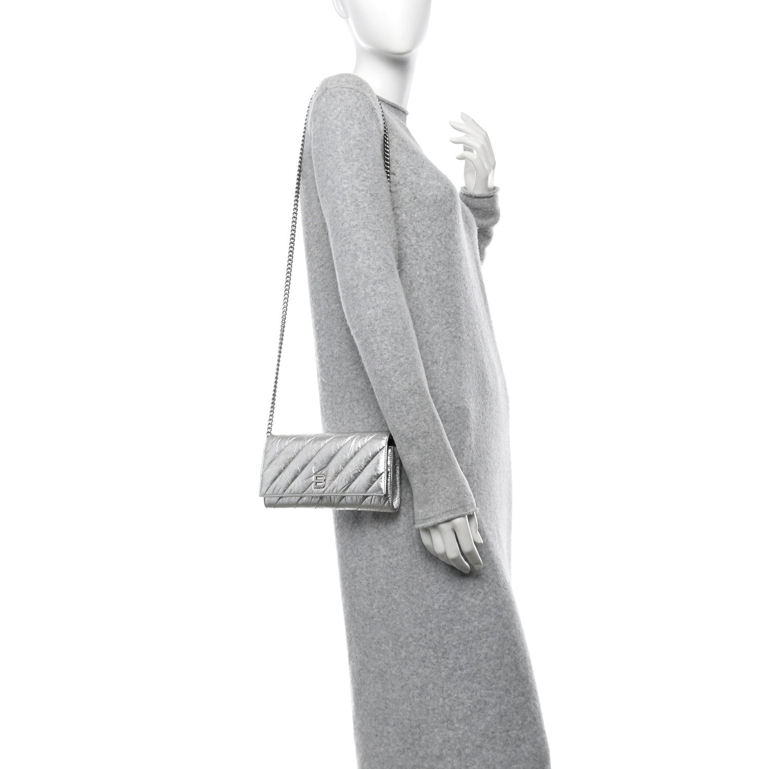 Balenciaga Metallic Calfskin Quilted Crush Wallet On Chain Silver 2 of 13
