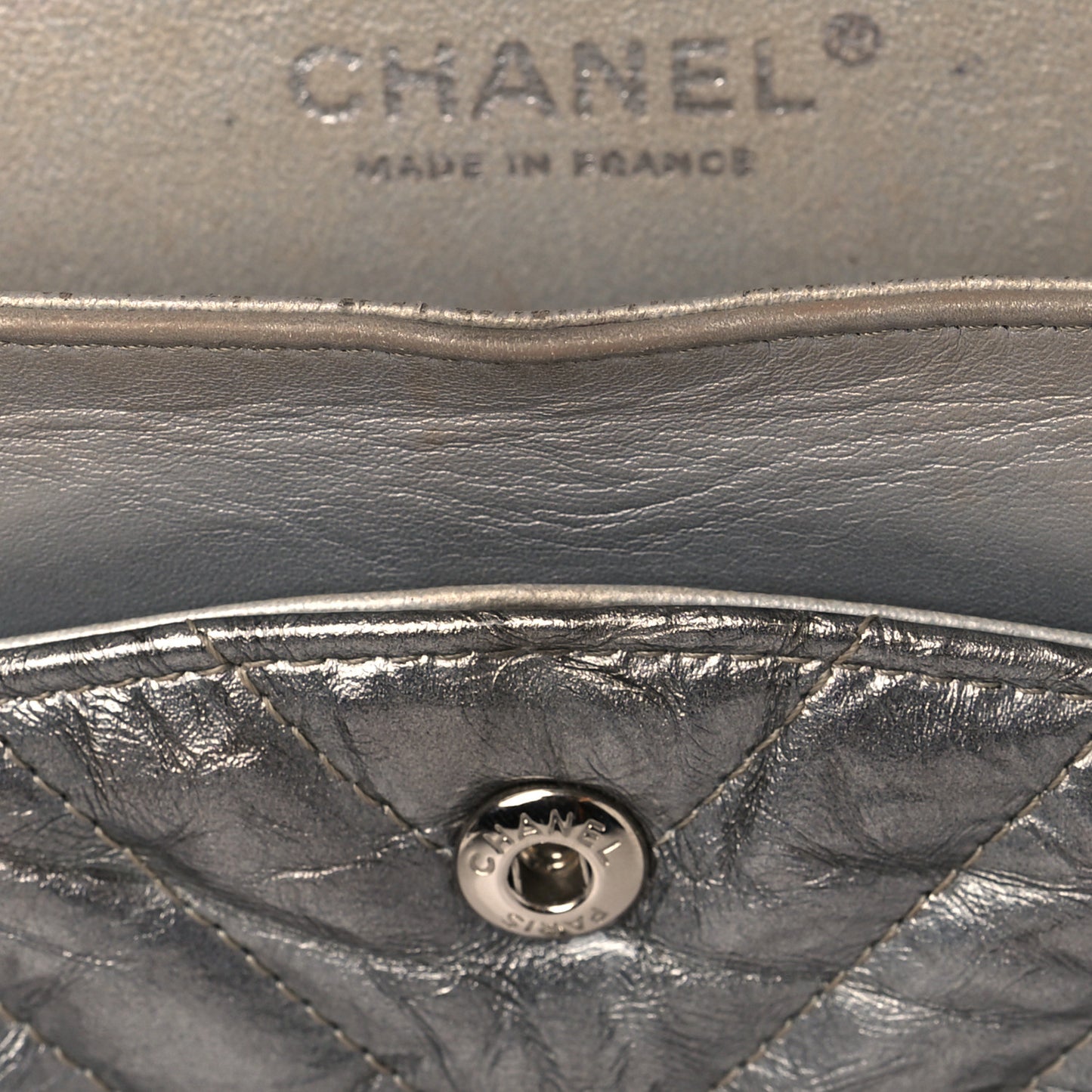 Metallic Patent Crumpled Calfskin Chevron Quilted Medium Double Flap Silver